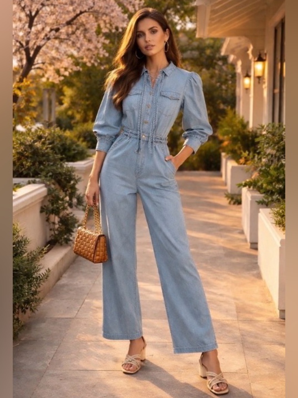 Elliatt Country Braided Denim Jumpsuit in Light Wash, Gold Hardware, Sz XL NWT